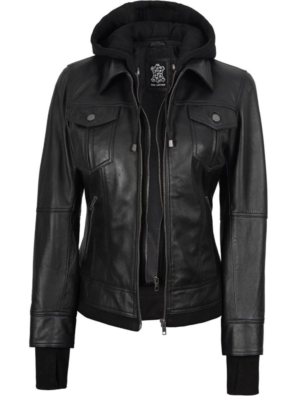 Women’s Black Real Leather Bomber Jacket Detachable Hood